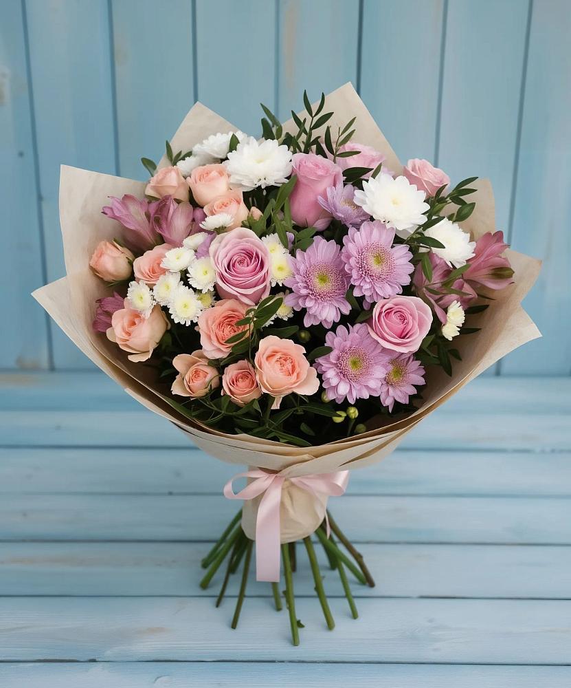 Букет цветов из: Хризантемы, Розы и Альстромерии в Курсаково