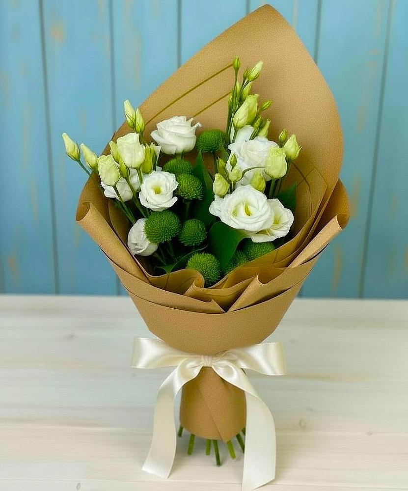 Букет цветов из: Хризантемы и Лизиантусы в Курсаково