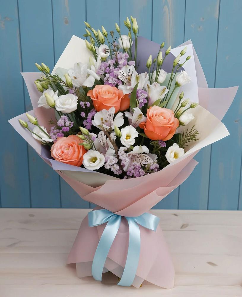Букет цветов из: Лизиантусы, Розы, Альстромерии и Гипсофила в Курсаково