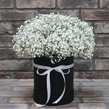 Цветочная композиция из Гипсофила в шляпной коробке в Курсаково
