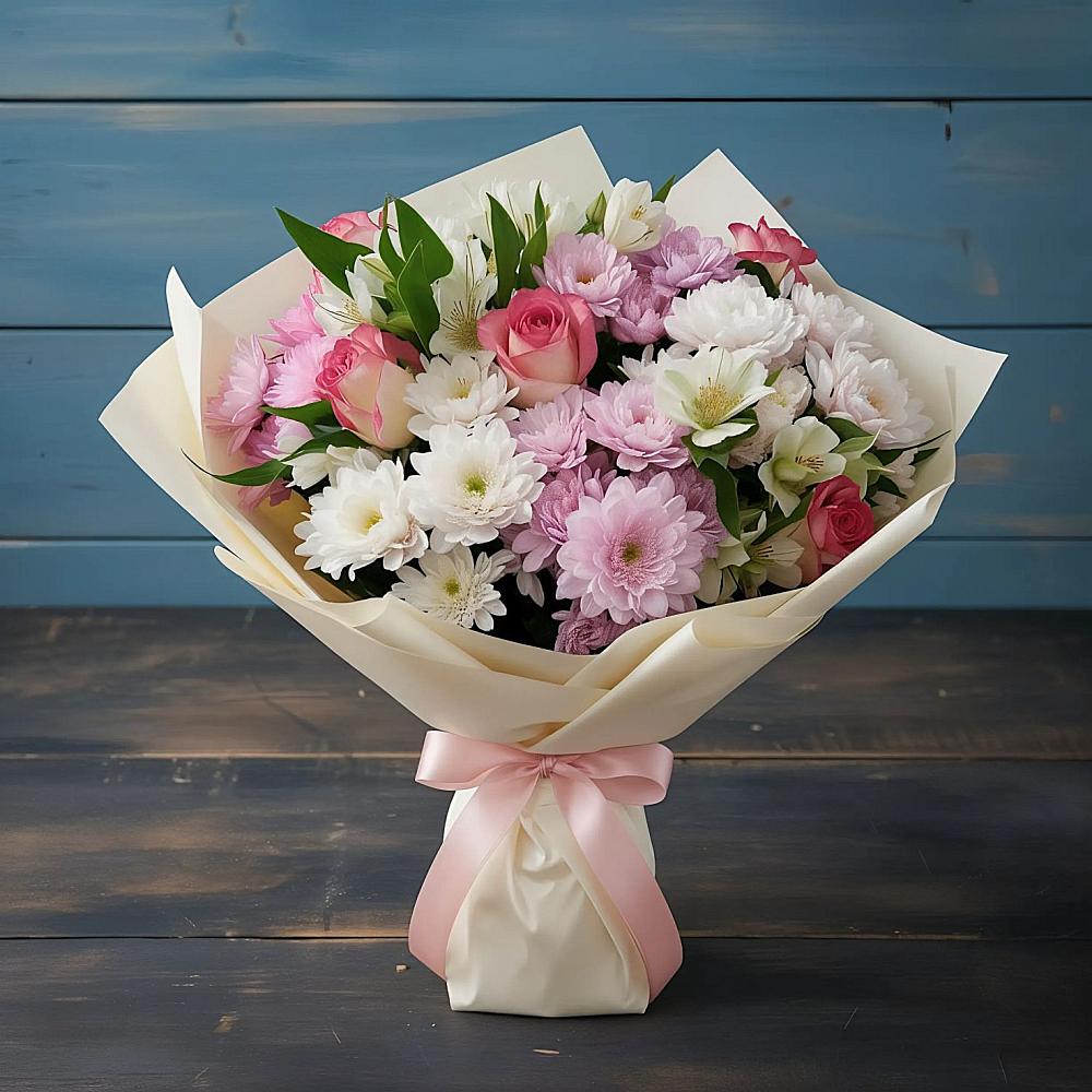 Букет цветов из: Хризантемы, Альстромерии и Розы в Курсаково